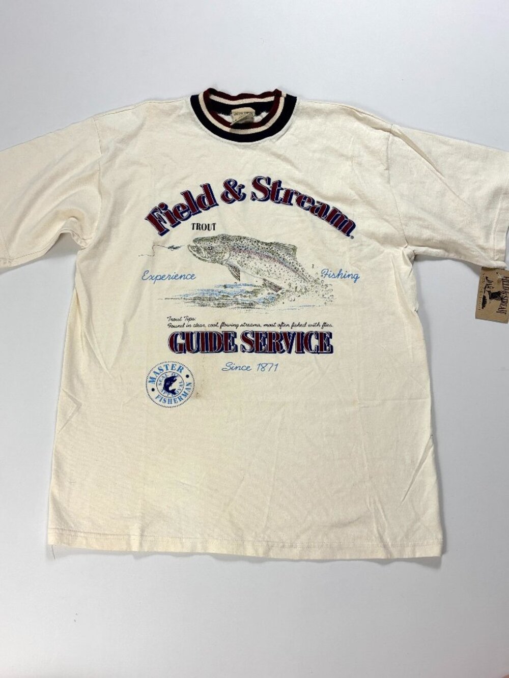 Vintage Field & Stream T Shirt Beige Sz L USA Trout Guide Service Deadstock READ
